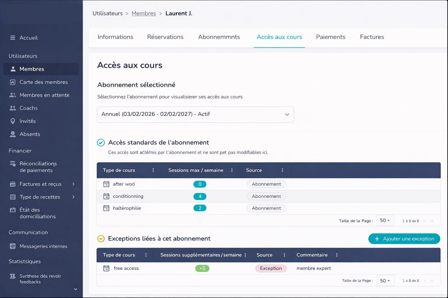Interface de gestion des accès aux cours par membre
