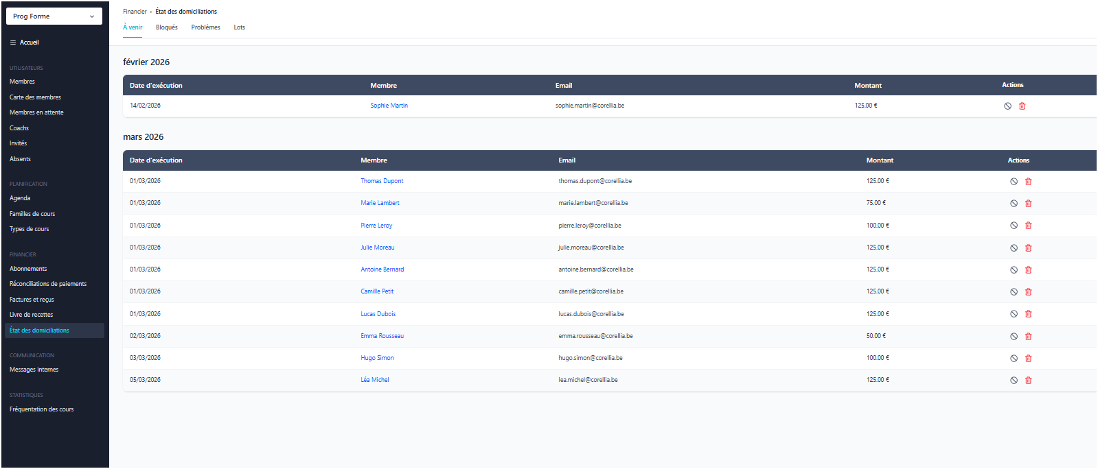 Interface de gestion des domiciliations à venir