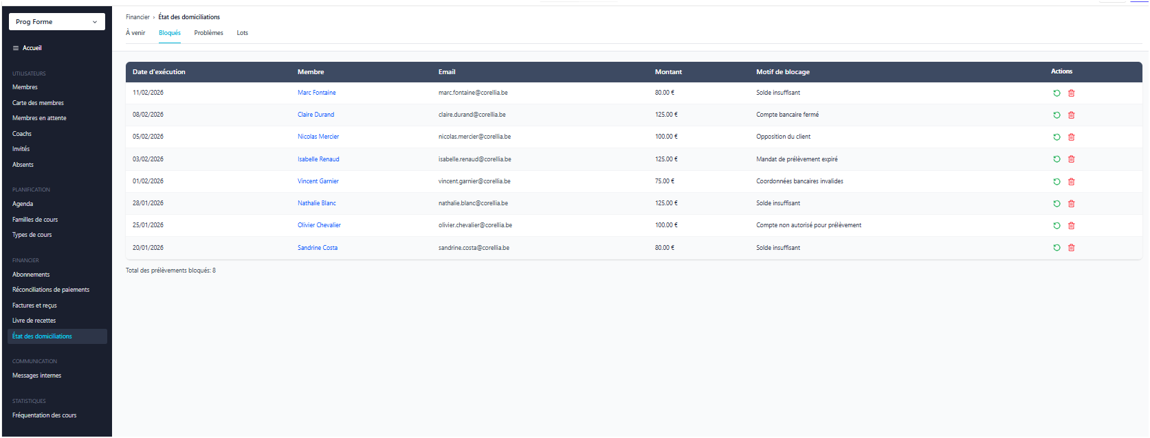 Interface de gestion des domiciliations à bloquer