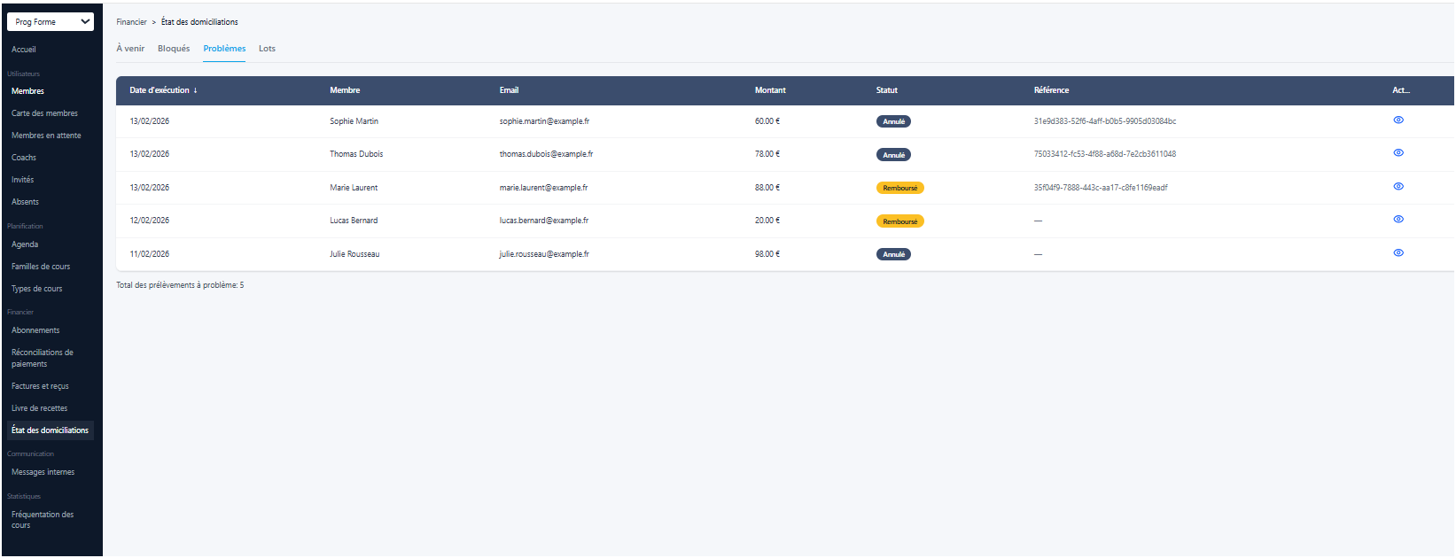 Interface de gestion des domiciliations ayant des problèmes
