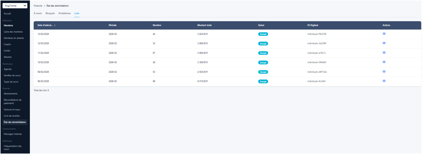 Interface de gestion des domiciliations par lots