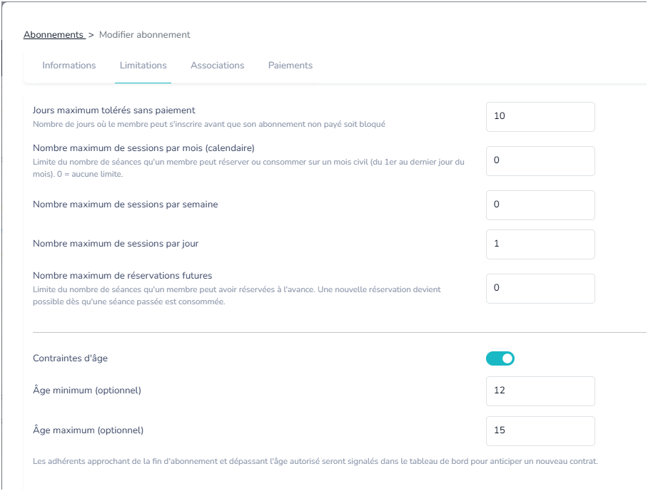 Limites d’âge pour les abonnements
