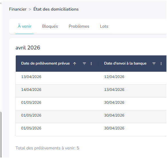 Écran État des domiciliations