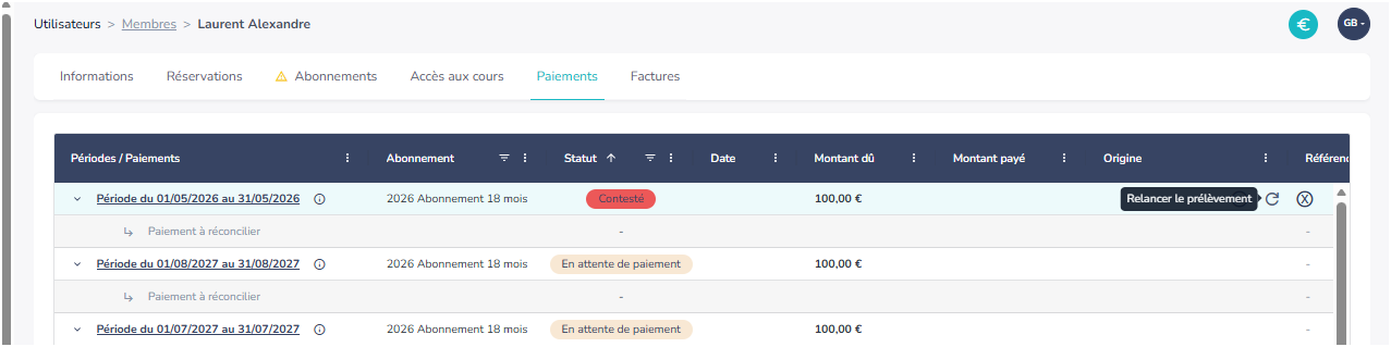Actions disponibles sur un paiement contesté