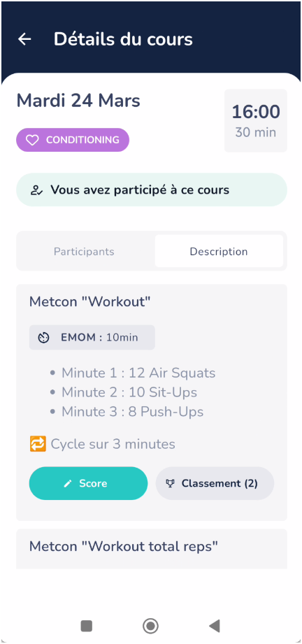 Saisie des scores et classements dans l'app