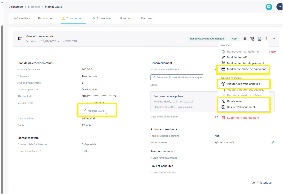 Nouvelles actions disponibles sur la fiche abonnement