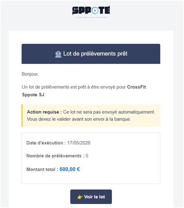 Email de notification pour valider un lot de prélèvements