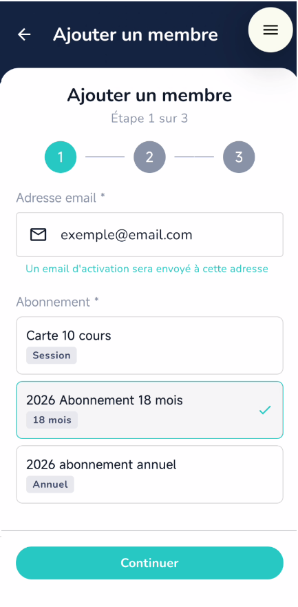 Écran de création d'un membre