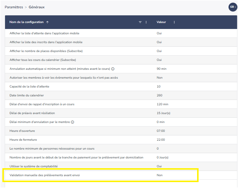 Paramètre de validation manuelle des prélèvements dans les paramètres généraux