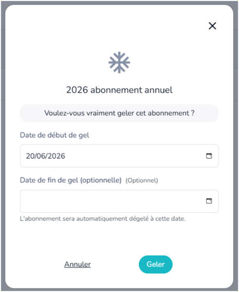 Modale de gel d'un abonnement avec la date de fin de gel