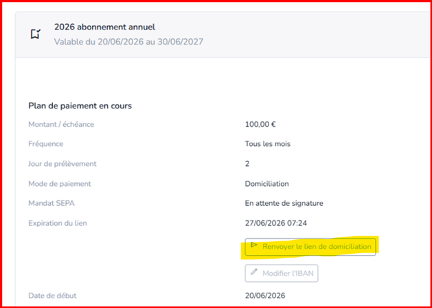 Fiche abonnement avec le bouton Renvoyer le lien de domiciliation