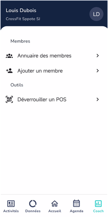 Menu coach avec l'entrée Déverrouiller un POS