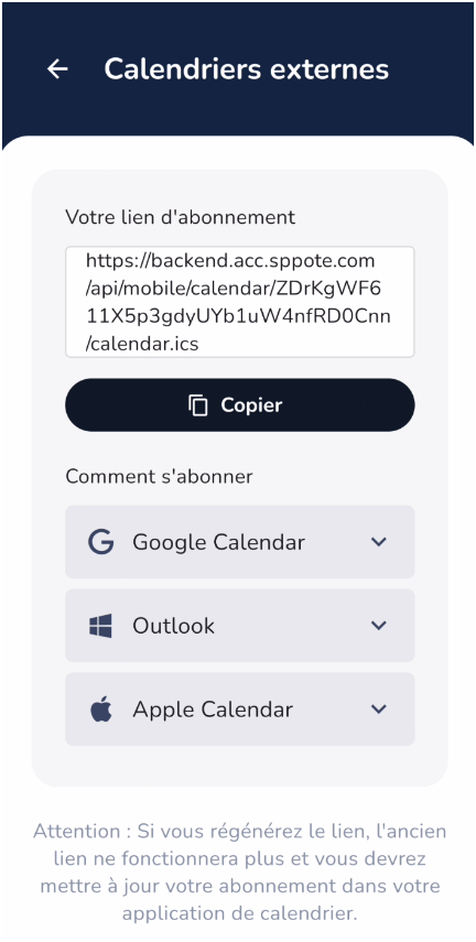 Synchronisation calendriers externes